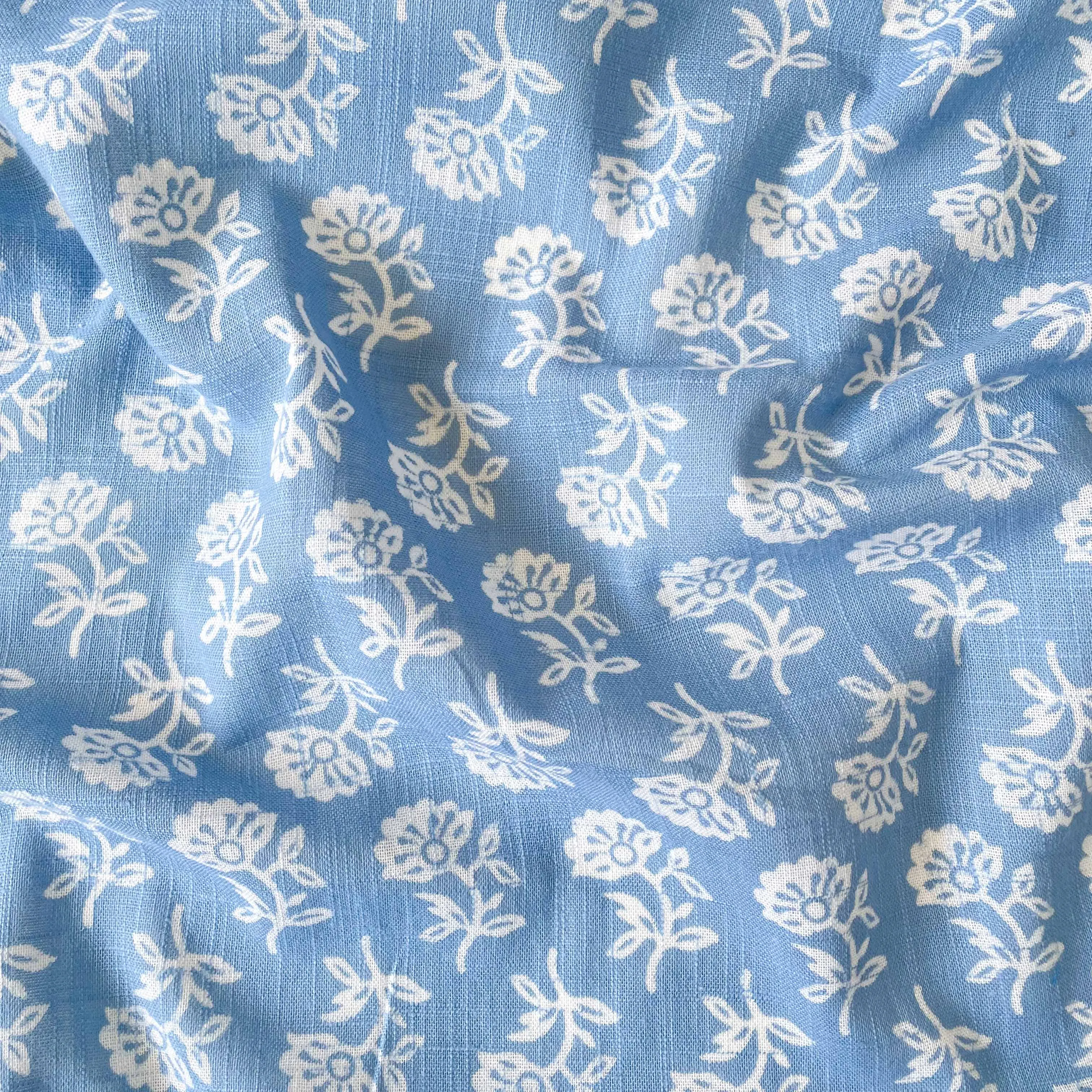 Summer Blue & White Abstract Floral Hand Block Printed Pure Cotton Slub Fabric (Width 42 Inches)