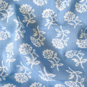 Summer Blue & White Abstract Floral Hand Block Printed Pure Cotton Slub Fabric (Width 42 Inches)