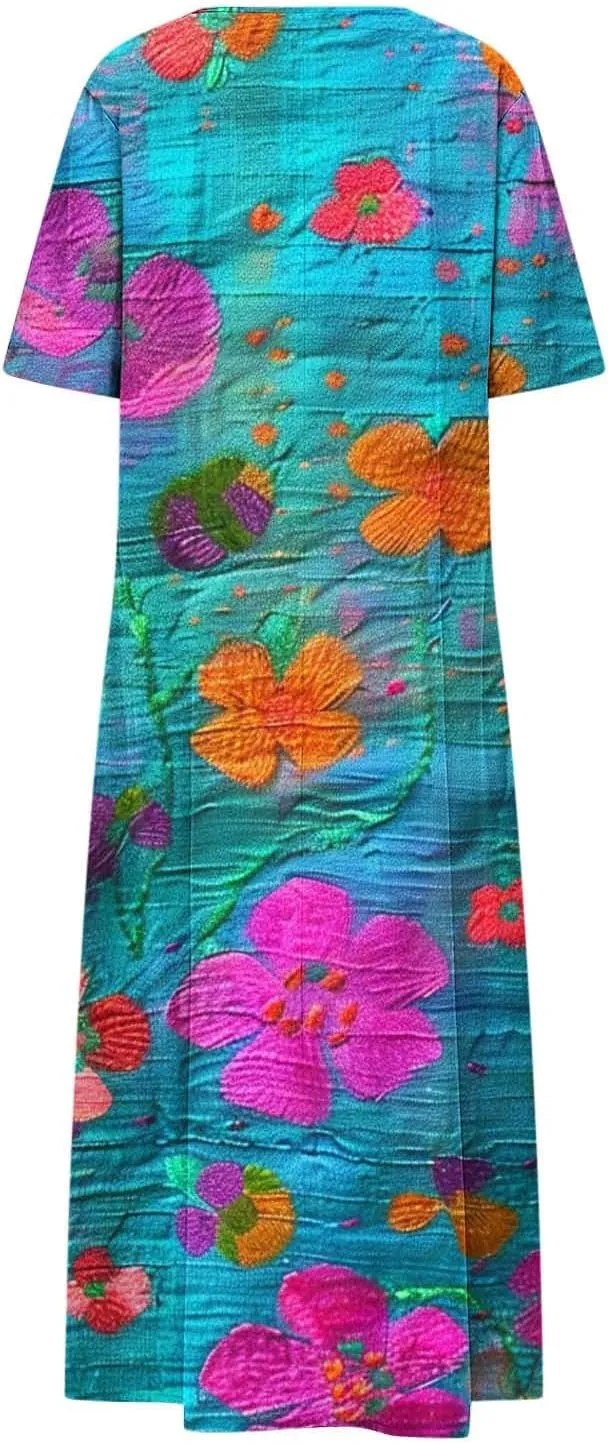 Summer Boho Maxi Dresses for Women 2025 Floral V-Neck Short Sleeve Linen Dress Loose Casual Vacation Beach Sundress