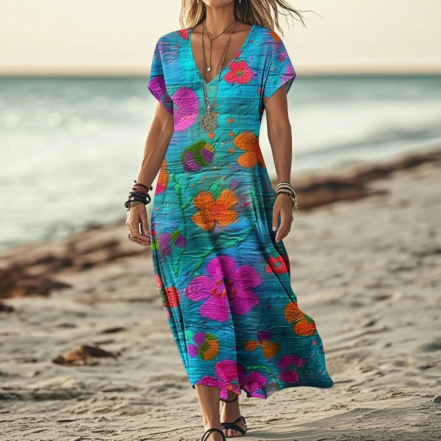 Summer Boho Maxi Dresses for Women 2025 Floral V-Neck Short Sleeve Linen Dress Loose Casual Vacation Beach Sundress