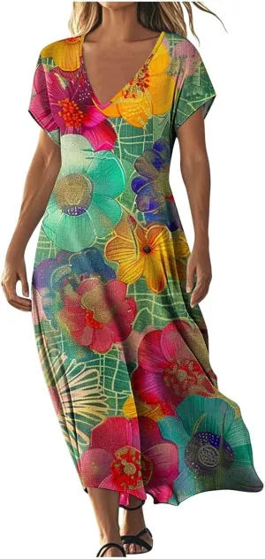 Summer Boho Maxi Dresses for Women 2025 Floral V-Neck Short Sleeve Linen Dress Loose Casual Vacation Beach Sundress