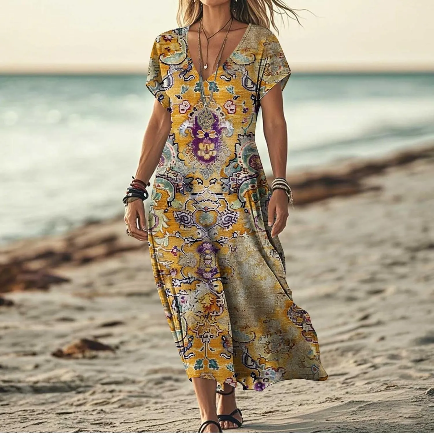 Summer Boho Maxi Dresses for Women 2025 Floral V-Neck Short Sleeve Linen Dress Loose Casual Vacation Beach Sundress