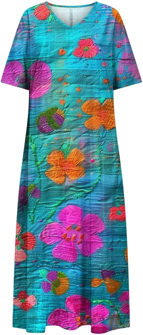 Summer Boho Maxi Dresses for Women 2025 Floral V-Neck Short Sleeve Linen Dress Loose Casual Vacation Beach Sundress