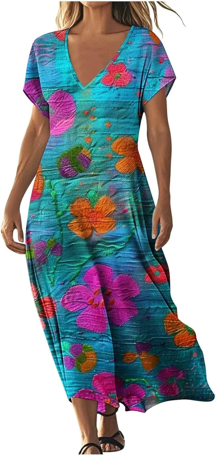 Summer Boho Maxi Dresses for Women 2025 Floral V-Neck Short Sleeve Linen Dress Loose Casual Vacation Beach Sundress