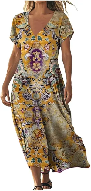 Summer Boho Maxi Dresses for Women 2025 Floral V-Neck Short Sleeve Linen Dress Loose Casual Vacation Beach Sundress