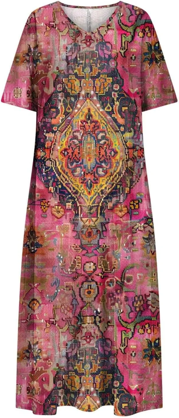 Summer Boho Maxi Dresses for Women 2025 Floral V-Neck Short Sleeve Linen Dress Loose Casual Vacation Beach Sundress