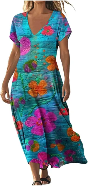 Summer Boho Maxi Dresses for Women 2025 Floral V-Neck Short Sleeve Linen Dress Loose Casual Vacation Beach Sundress