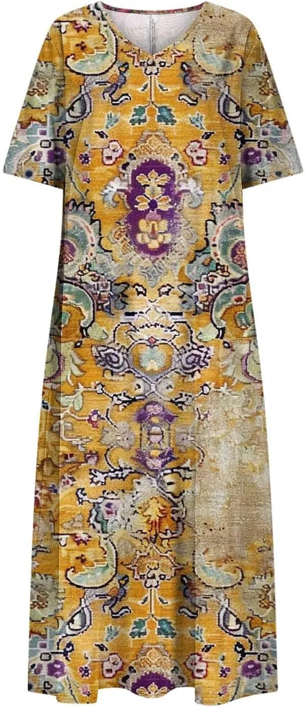 Summer Boho Maxi Dresses for Women 2025 Floral V-Neck Short Sleeve Linen Dress Loose Casual Vacation Beach Sundress