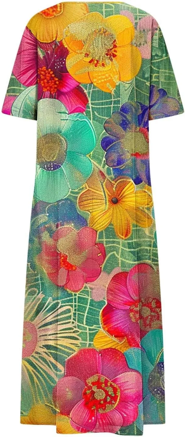 Summer Boho Maxi Dresses for Women 2025 Floral V-Neck Short Sleeve Linen Dress Loose Casual Vacation Beach Sundress