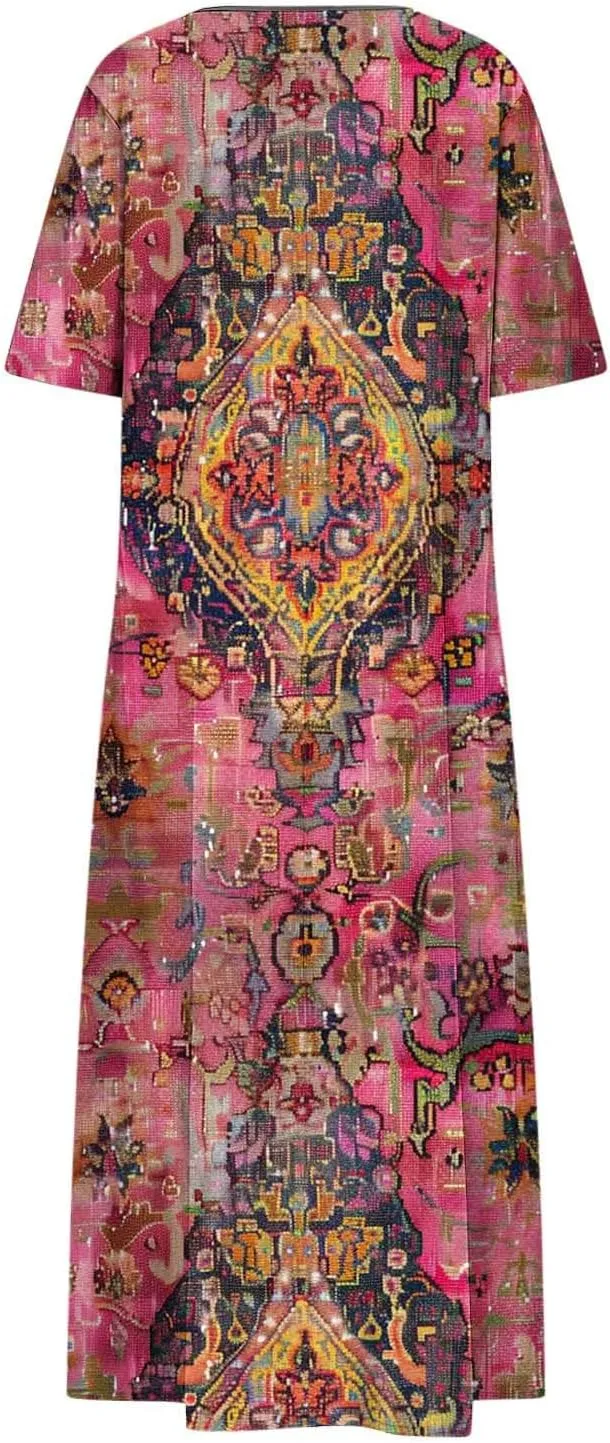 Summer Boho Maxi Dresses for Women 2025 Floral V-Neck Short Sleeve Linen Dress Loose Casual Vacation Beach Sundress