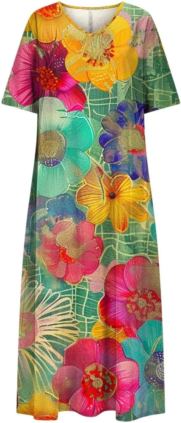 Summer Boho Maxi Dresses for Women 2025 Floral V-Neck Short Sleeve Linen Dress Loose Casual Vacation Beach Sundress