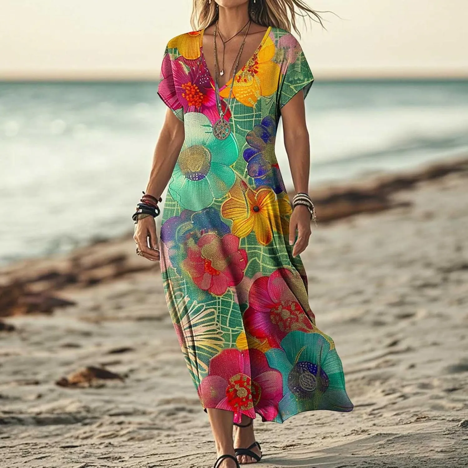 Summer Boho Maxi Dresses for Women 2025 Floral V-Neck Short Sleeve Linen Dress Loose Casual Vacation Beach Sundress