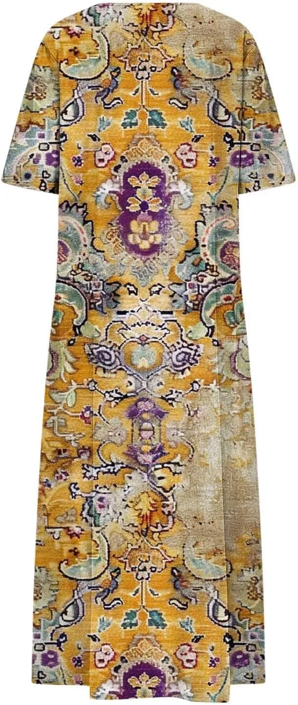 Summer Boho Maxi Dresses for Women 2025 Floral V-Neck Short Sleeve Linen Dress Loose Casual Vacation Beach Sundress