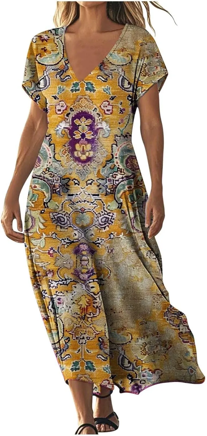 Summer Boho Maxi Dresses for Women 2025 Floral V-Neck Short Sleeve Linen Dress Loose Casual Vacation Beach Sundress