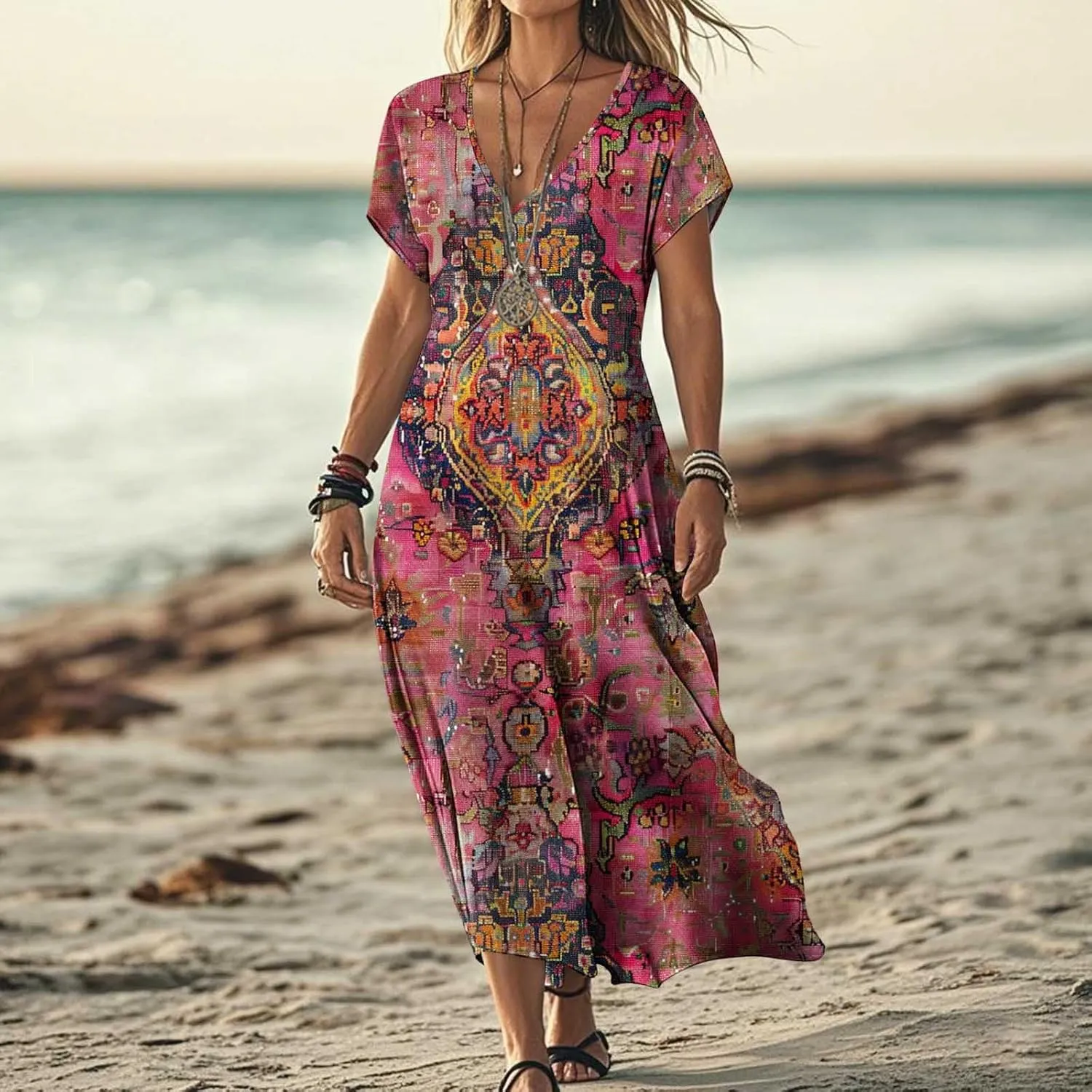 Summer Boho Maxi Dresses for Women 2025 Floral V-Neck Short Sleeve Linen Dress Loose Casual Vacation Beach Sundress