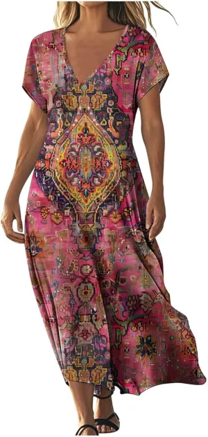Summer Boho Maxi Dresses for Women 2025 Floral V-Neck Short Sleeve Linen Dress Loose Casual Vacation Beach Sundress
