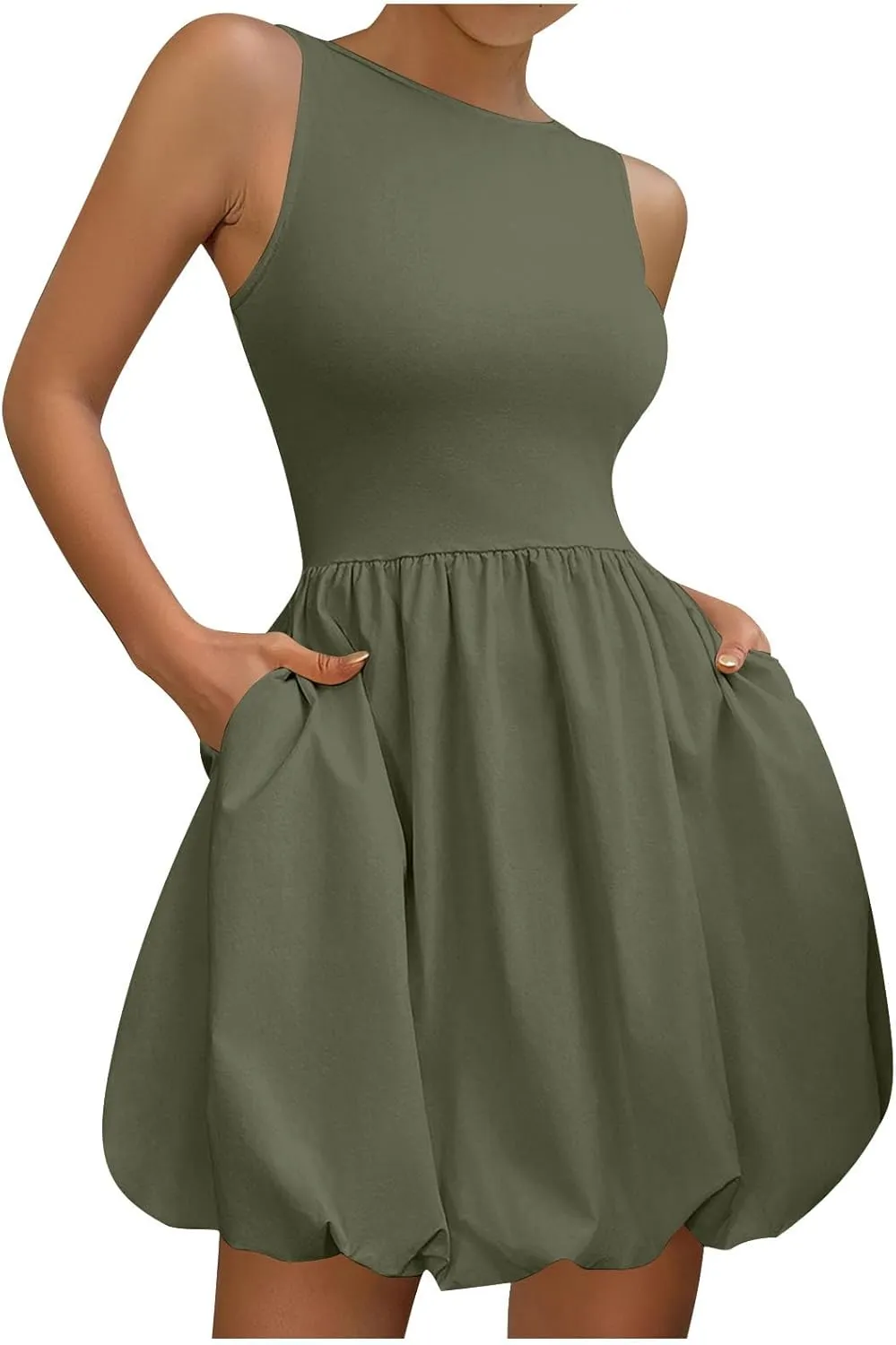 Summer Dresses for Women Casual Sleeveless Mini Bubble Short Tank Dress Cute Drop Waist Cocktail Sundress with Pockets