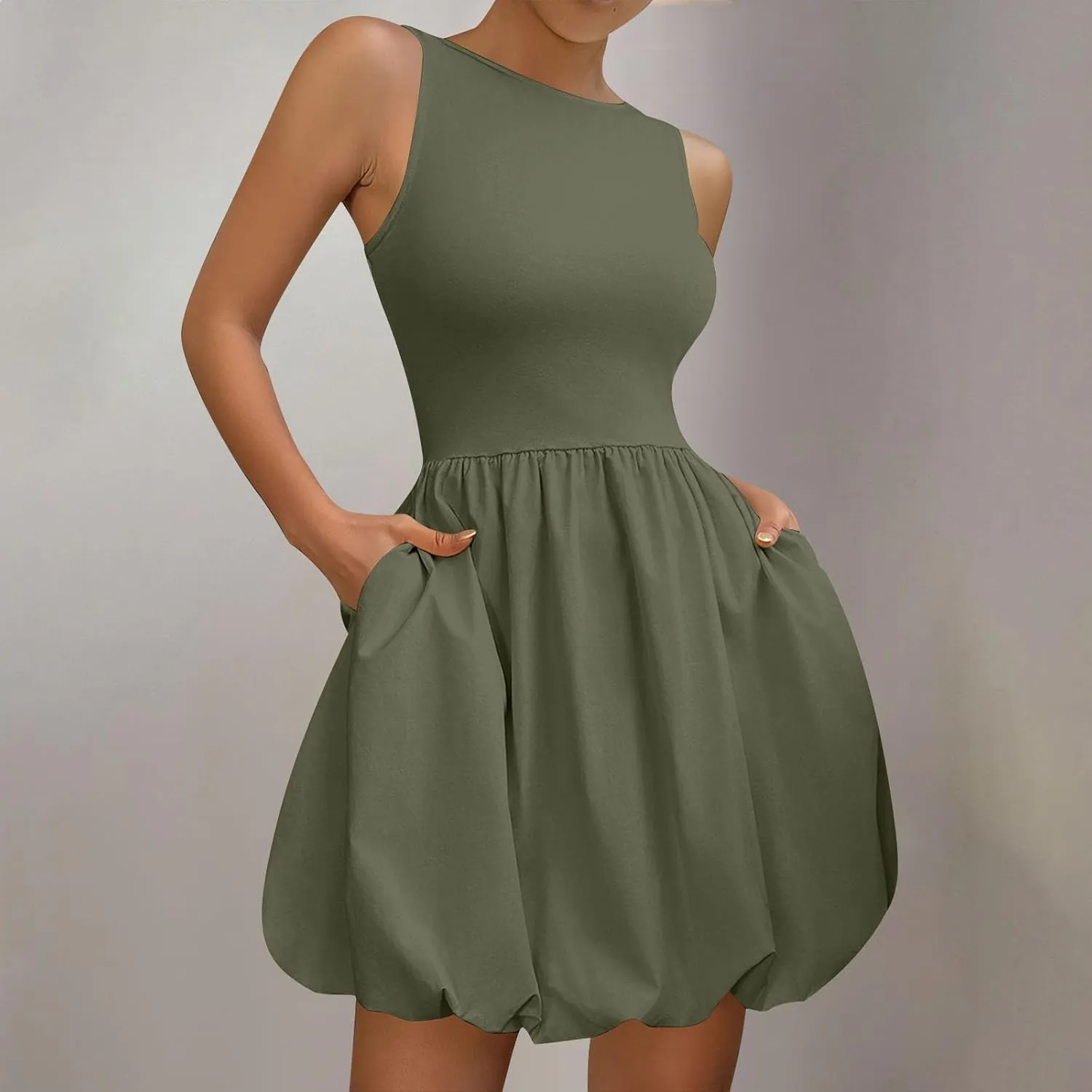 Summer Dresses for Women Casual Sleeveless Mini Bubble Short Tank Dress Cute Drop Waist Cocktail Sundress with Pockets