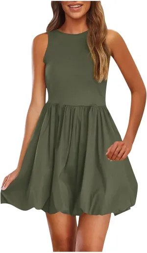 Summer Dresses for Women Casual Sleeveless Mini Bubble Short Tank Dress Cute Drop Waist Cocktail Sundress with Pockets
