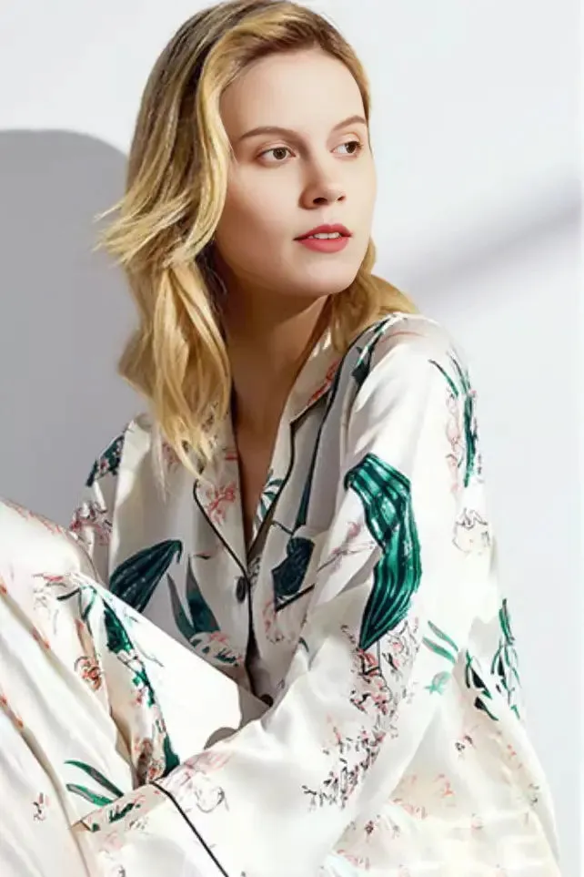 Summer Lily Print Long-Sleeve 100% Mulberry Silk Pajama Set
