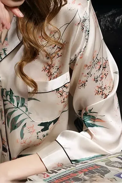 Summer Lily Print Long-Sleeve 100% Mulberry Silk Pajama Set
