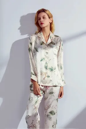 Summer Lily Print Long-Sleeve 100% Mulberry Silk Pajama Set