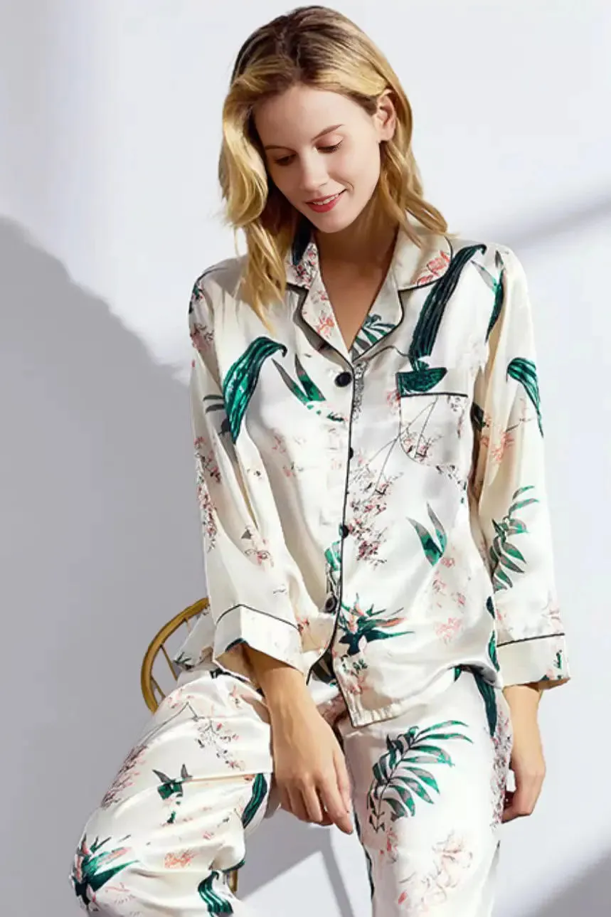 Summer Lily Print Long-Sleeve 100% Mulberry Silk Pajama Set