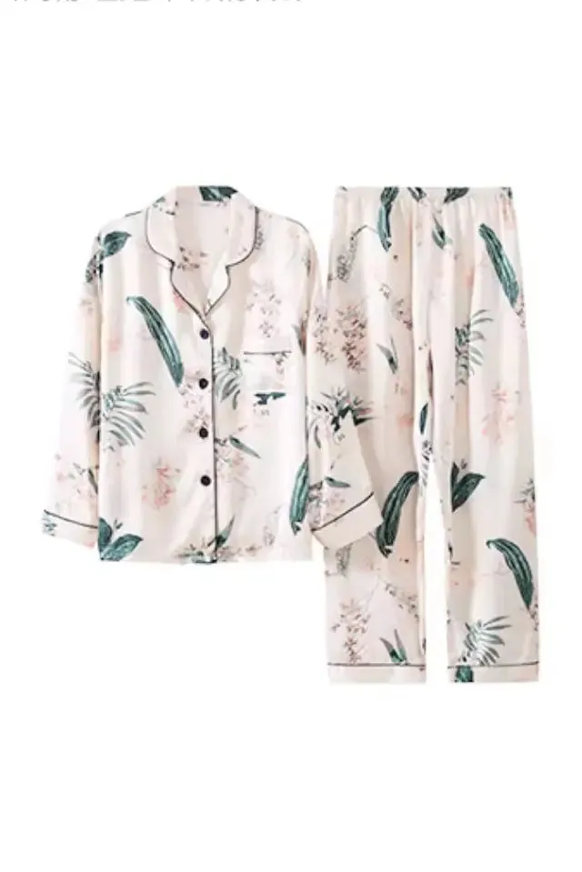 Summer Lily Print Long-Sleeve 100% Mulberry Silk Pajama Set