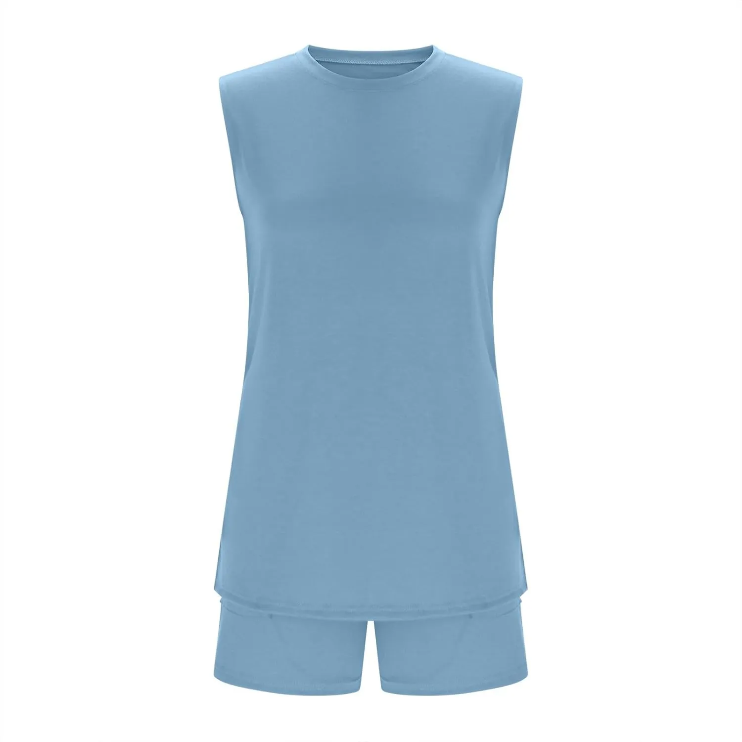 Summer Pajama Sets for Women 2 Piece Outfits Loose Sleeveless Slit Side Tunic Tshirt and Biker Shorts Loungewear Set