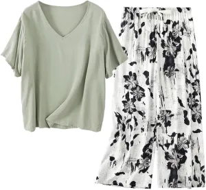 Summer Pajamas Sets for Women Loose V Neck Short Sleeve Top and Wide Leg Floral Pants Pjs Soft 2 Pieces Loungewear