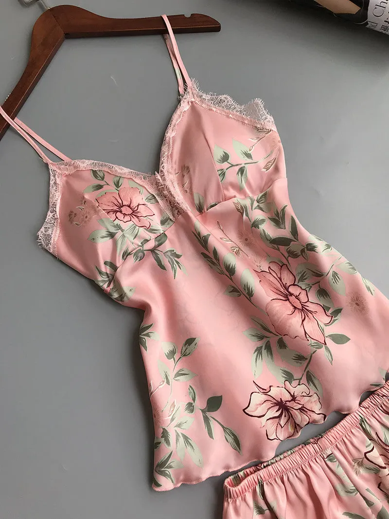 Summer Sexy Ladies' Floral Print Satin Sleepwear With Chest Pad