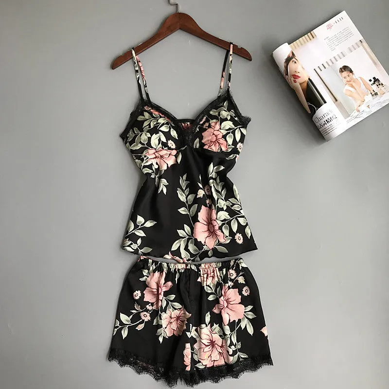 Summer Sexy Ladies' Floral Print Satin Sleepwear With Chest Pad