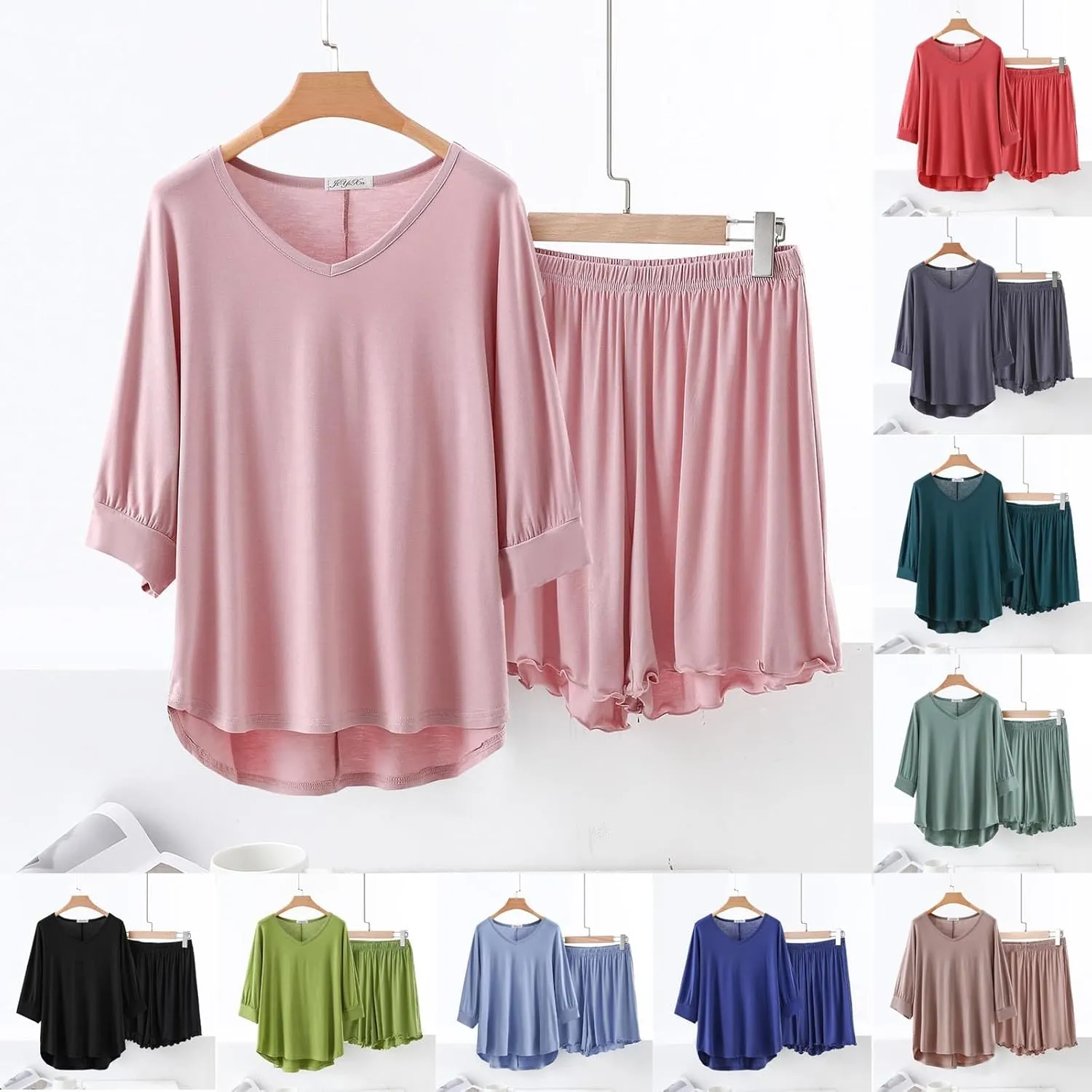 Summer Shorts Pajama Sets for Women 3/4 Sleeve Soft Modal Sleepwear Loose V Neck Loungewear Set 2 Piece Outfits