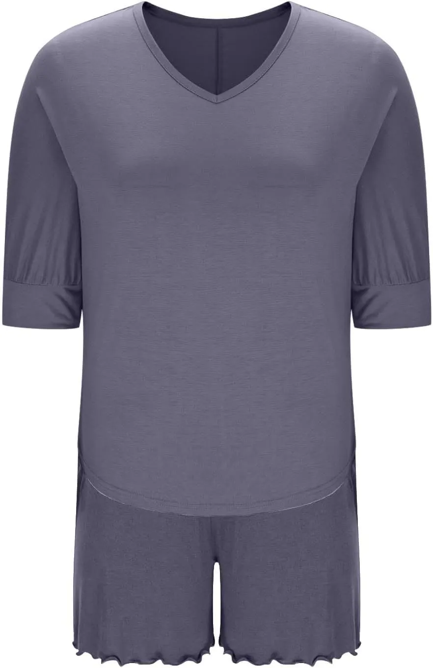 Summer Shorts Pajama Sets for Women 3/4 Sleeve Soft Modal Sleepwear Loose V Neck Loungewear Set 2 Piece Outfits