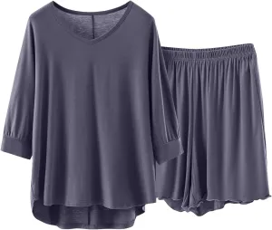 Summer Shorts Pajama Sets for Women 3/4 Sleeve Soft Modal Sleepwear Loose V Neck Loungewear Set 2 Piece Outfits