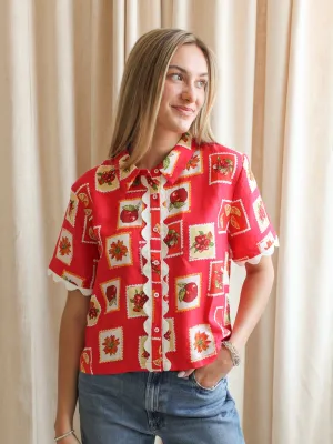 Summer Stamp Linen Top Fashionable Fit