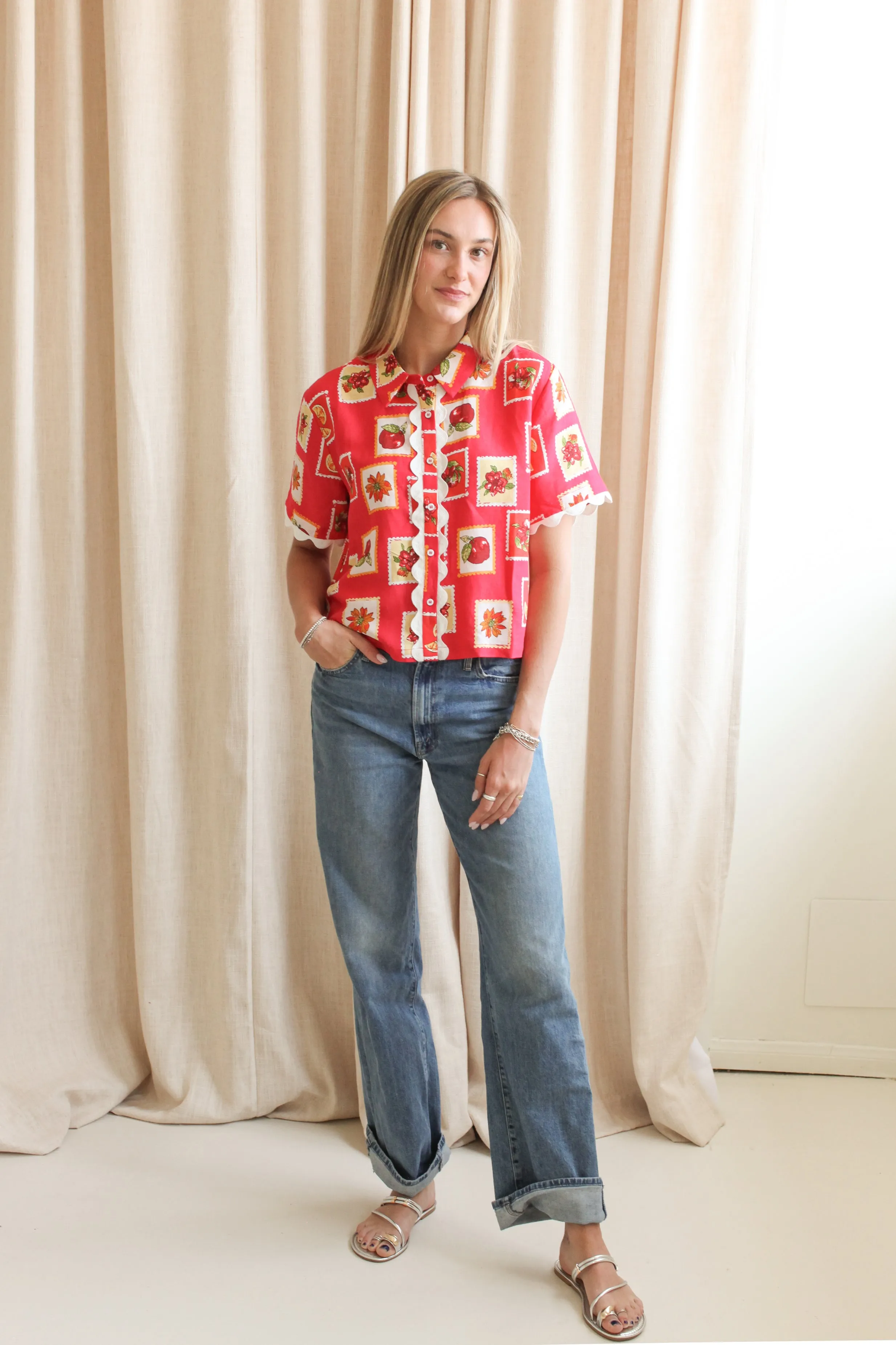 Summer Stamp Linen Top NonChafing Fabric Convertible Sleeve Adaptation