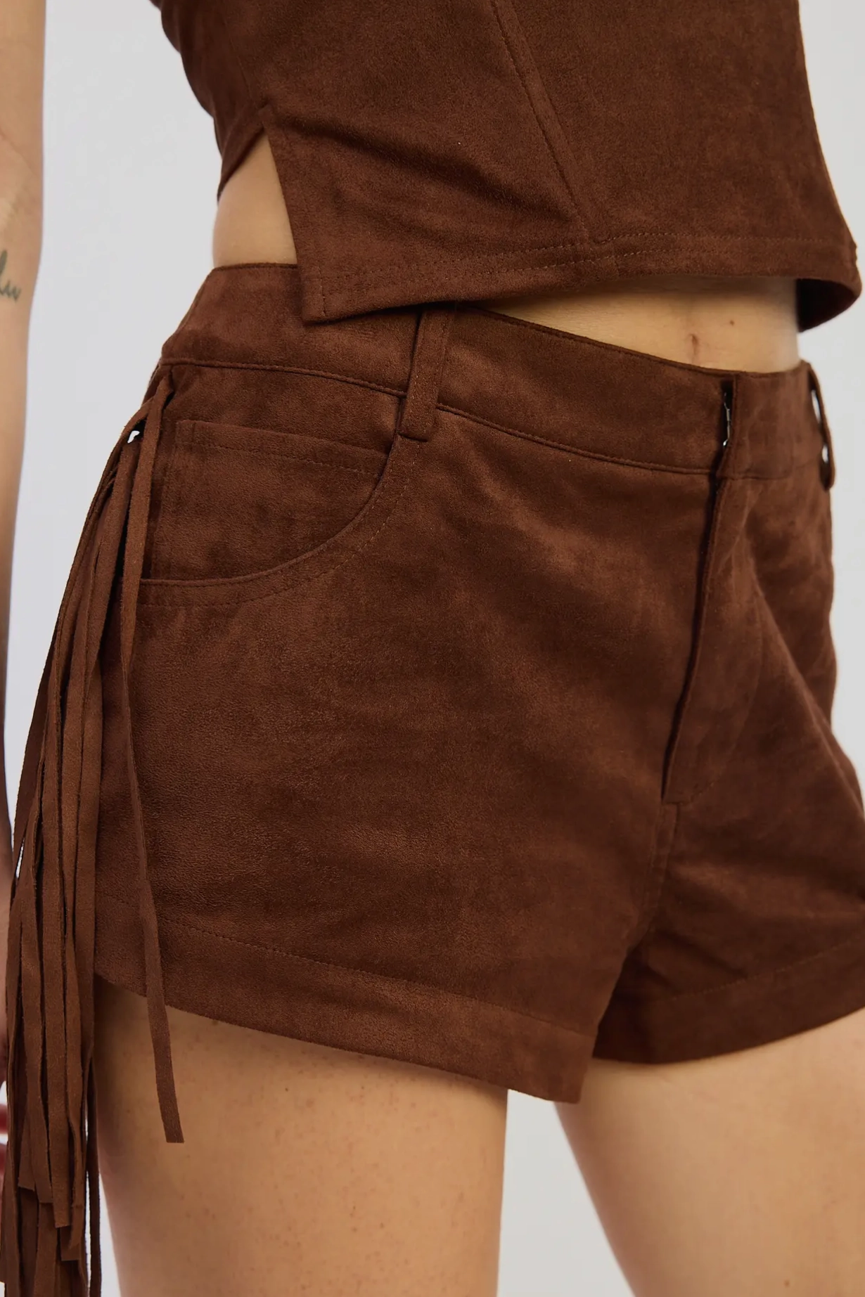 Lace trim Airflow Design Bronco Suede Fringe Shorts