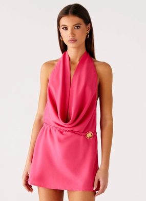 Kimono-Sleeve Halia Cowl Mini Dress - Watermelon