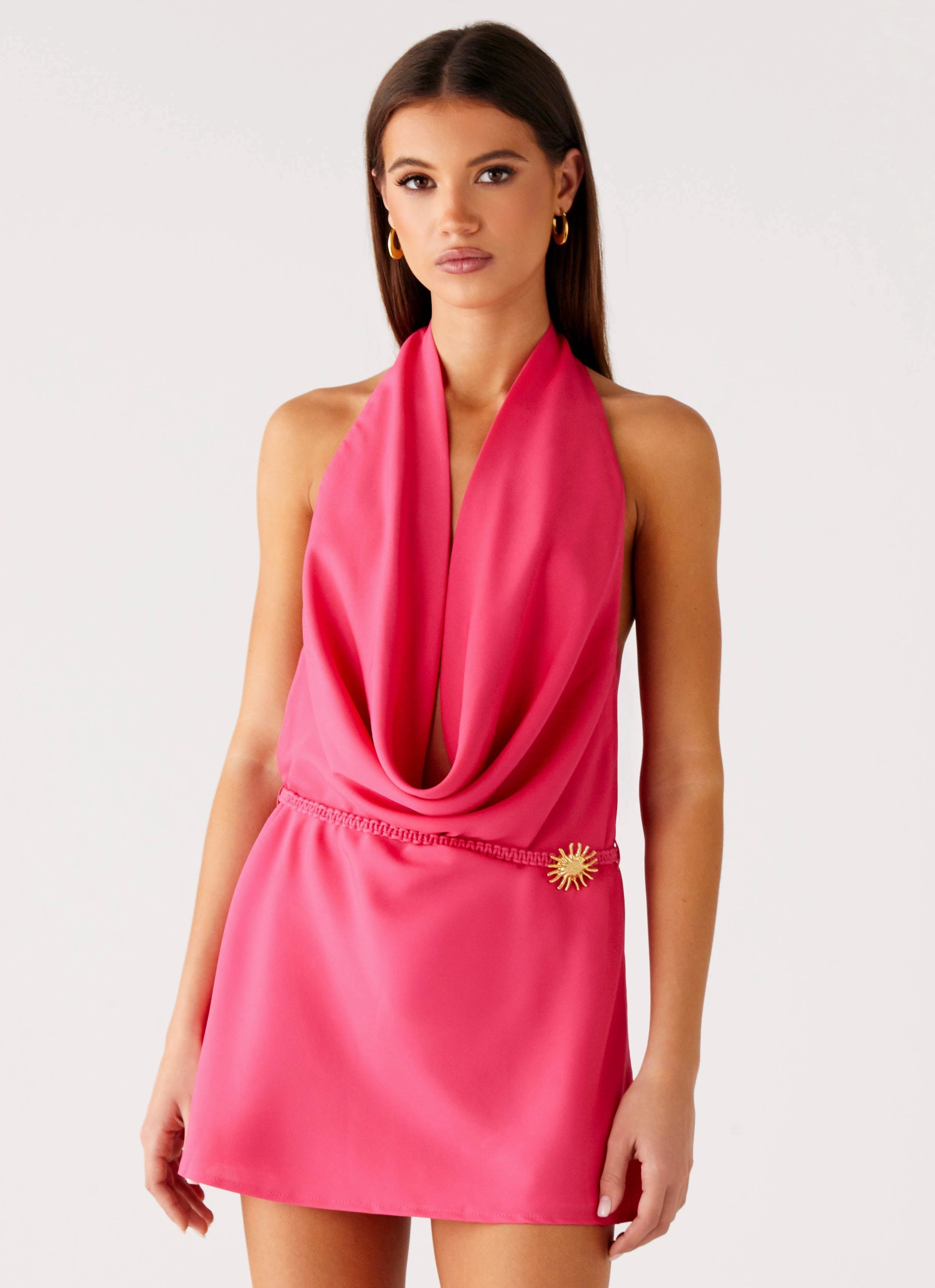 Kimono-Sleeve Halia Cowl Mini Dress - Watermelon