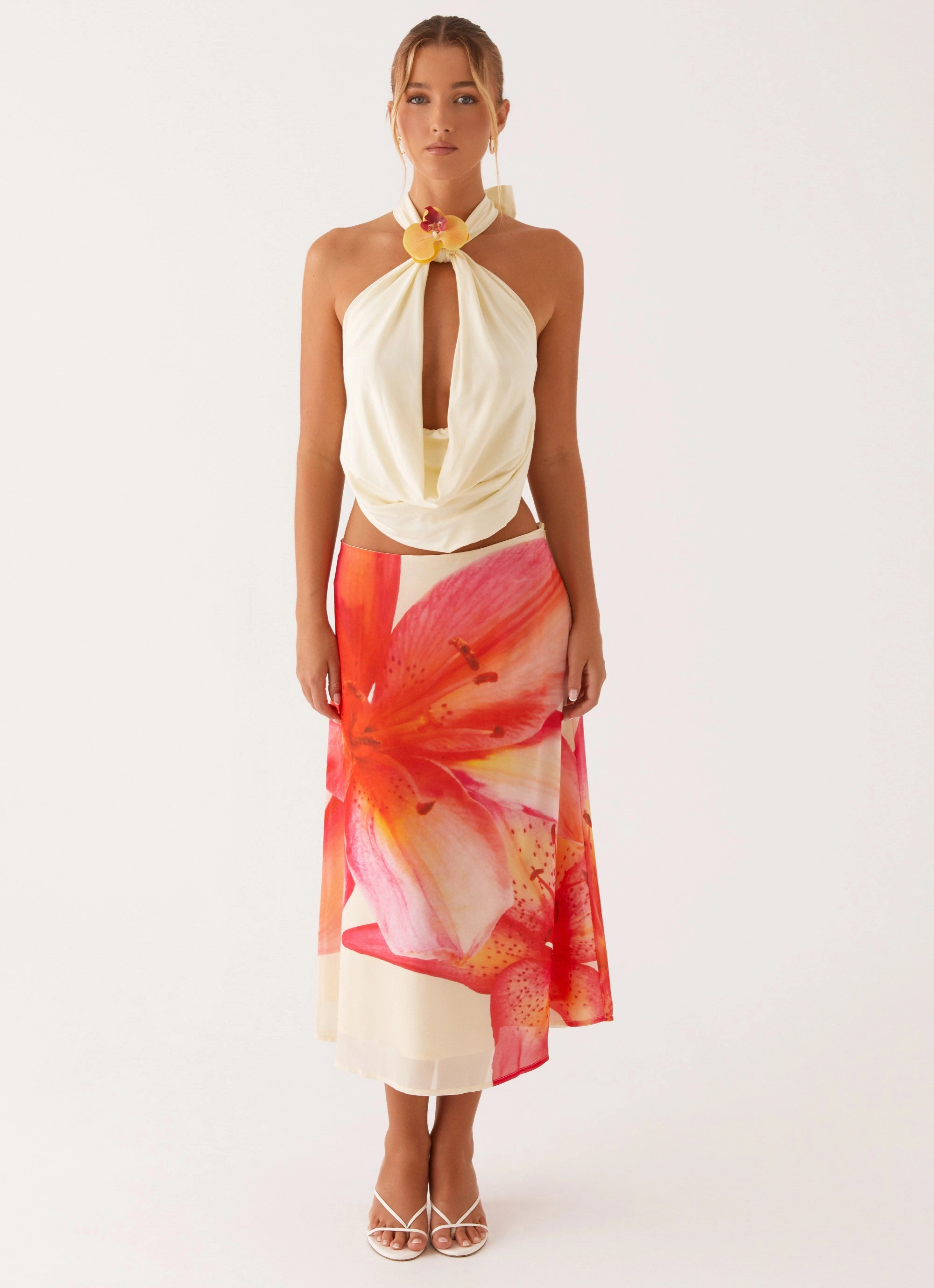 Summertime Midi Skirt - Yellow Floral Low Maintenance Fabric High Elasticity Material