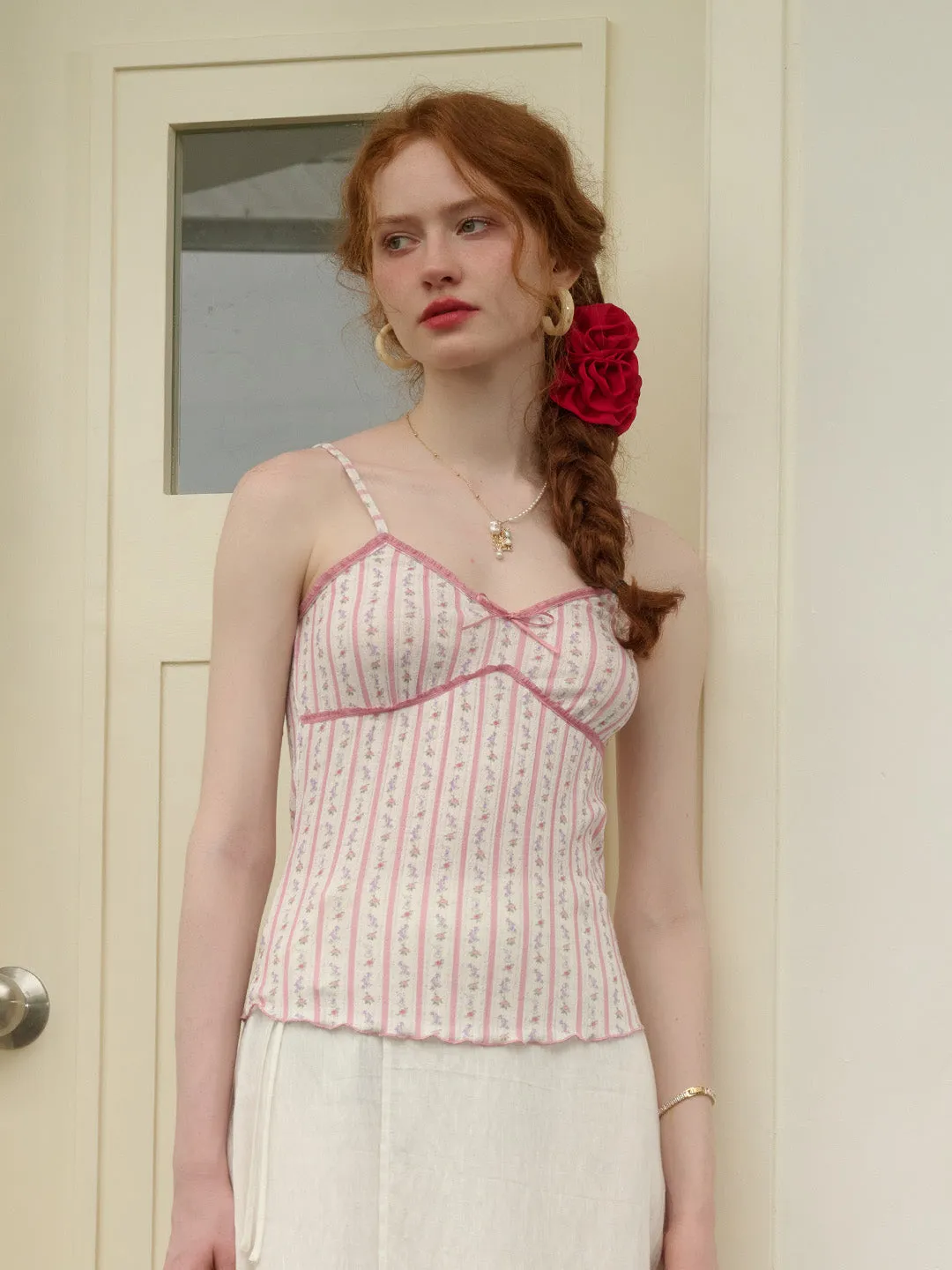 Button Down Collar Adjustable Cuff ??Final Sale??Elouise Floral Striped  Lace-up Pink Suspender Top