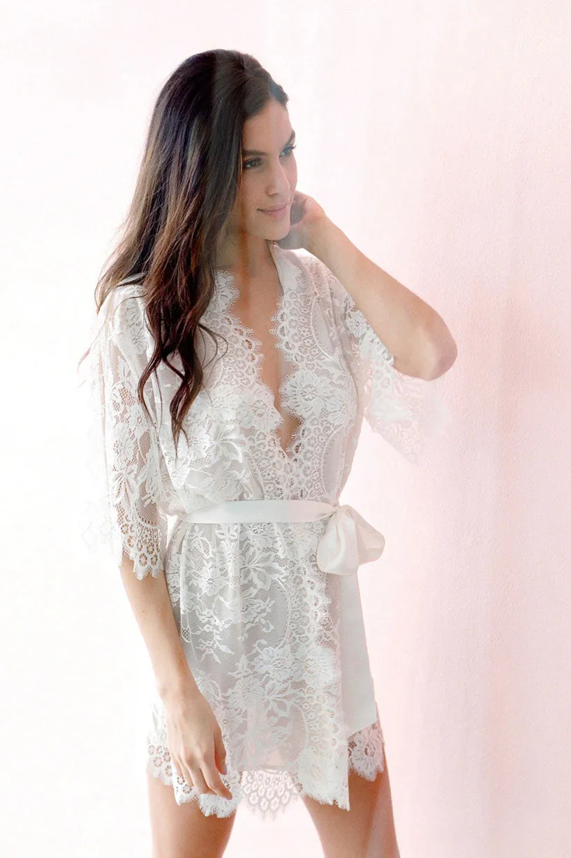 Swan Queen silk and lace robe kimono ivory lined - style 104SH