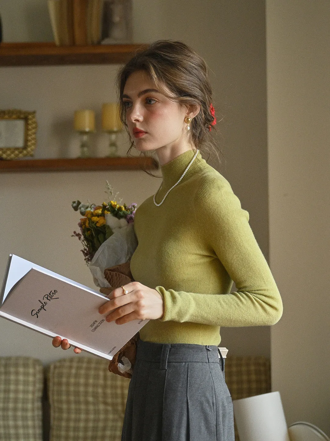 Erin 100% Wool Simple Mock Neck Slim Fit Sweater - Apricot Stretchy Top