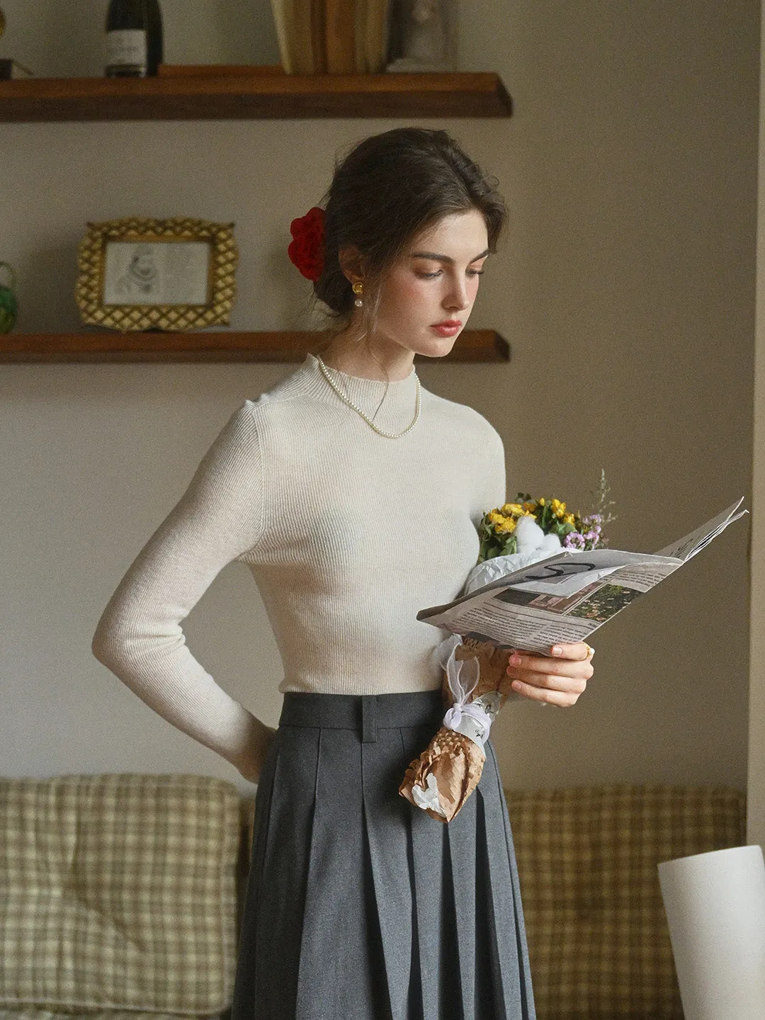 WrinkleResistant Fabric Brushed Interior Erin 100% Wool Simple Mock Neck Slim Fit Sweater - Apricot