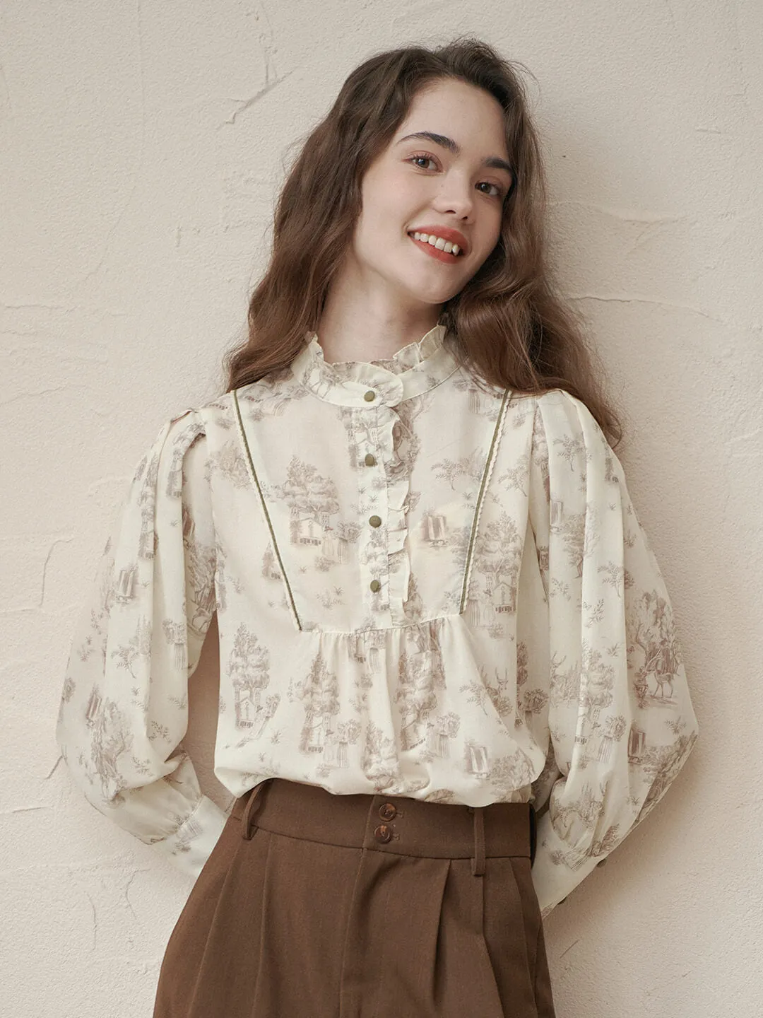 Candance Apricot Stand Collar Blouse DoubleStitched Construction Casual Tee