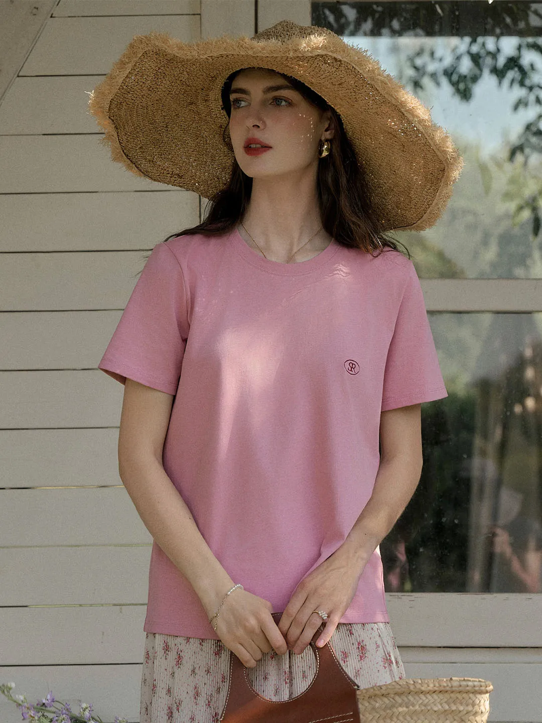 ??Final Sale??Elise Classic Crew Neck Logo Embroidered Cotton T-shirt Comfortable Fabric