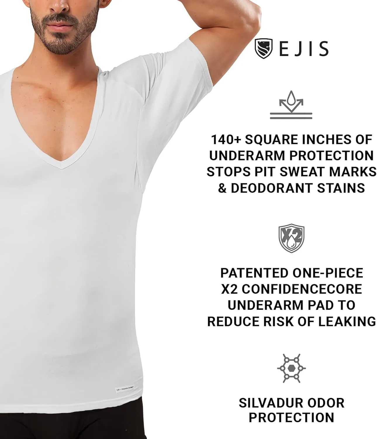 Sweatproof Undershirt Mens Modal Deep V w Sweat Pads, Silver Treated to Fight Embarrassing Odor, Aluminum Free Alternative