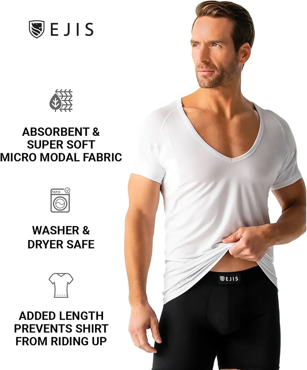 Sweatproof Undershirt Mens Modal Deep V w Sweat Pads, Silver Treated to Fight Embarrassing Odor, Aluminum Free Alternative