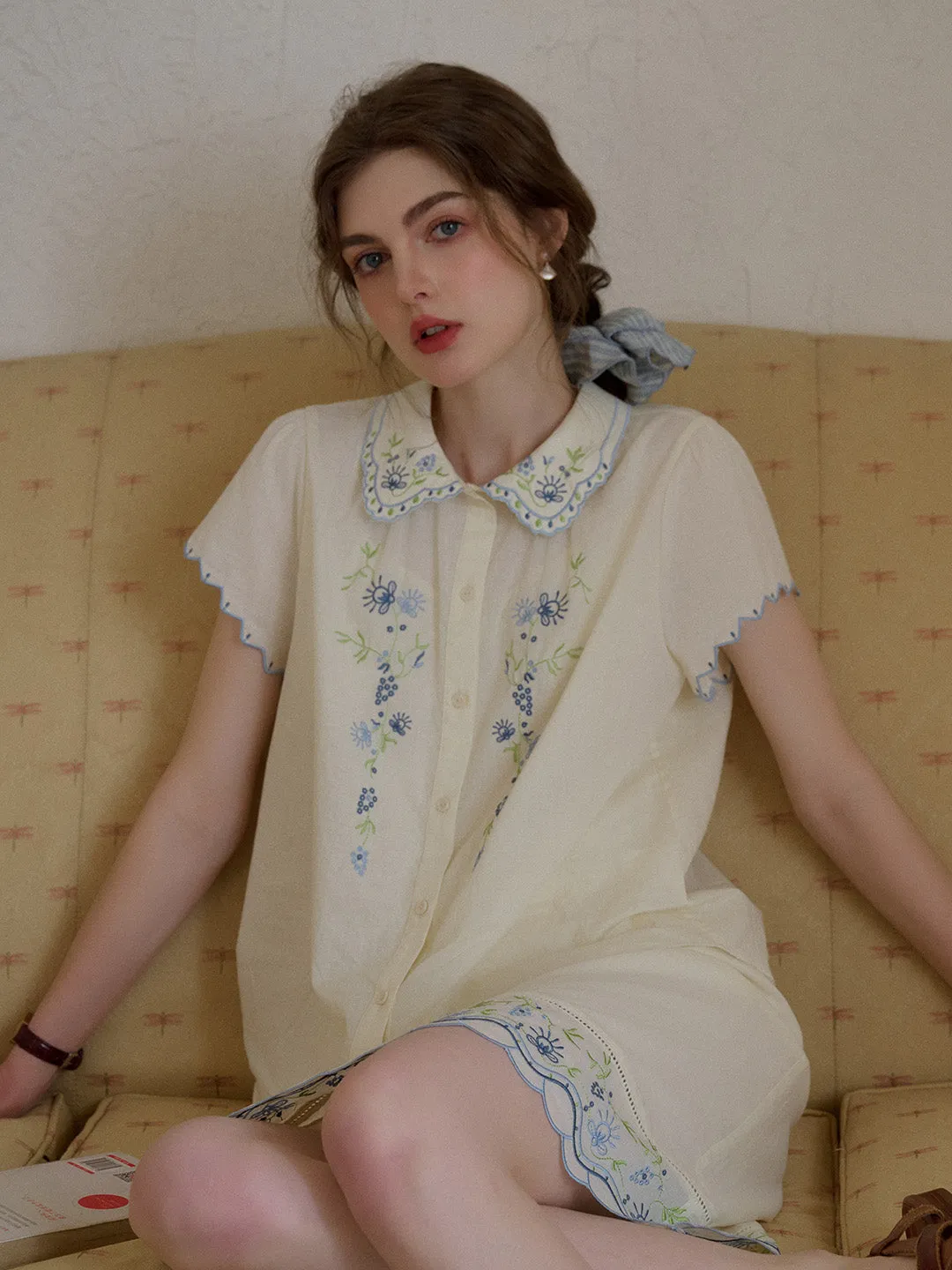 MultiPocketDesign AntiPilling Finish Alora Peter Pan Collar Embroidery 100% Cotton Blouse